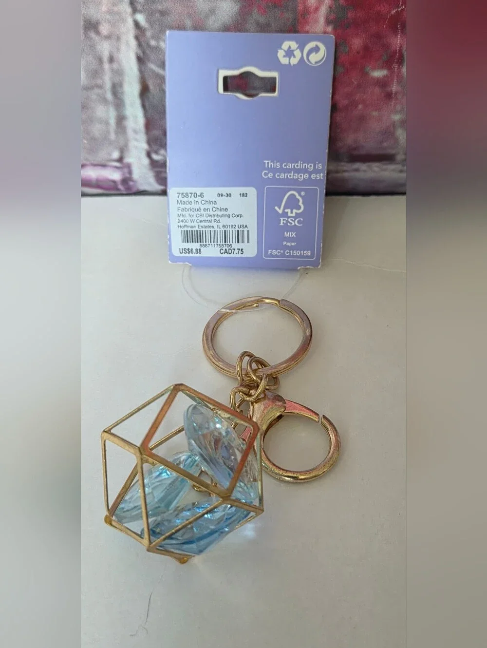 Claire's Gold Keychain with Blue Crystal Cube